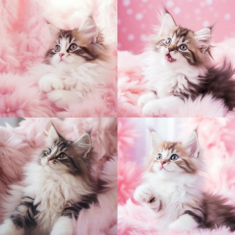 Midjourney prompt showcasing four adorable kittens on pink fluffy background, demonstrating text-to-image generation techniques.
