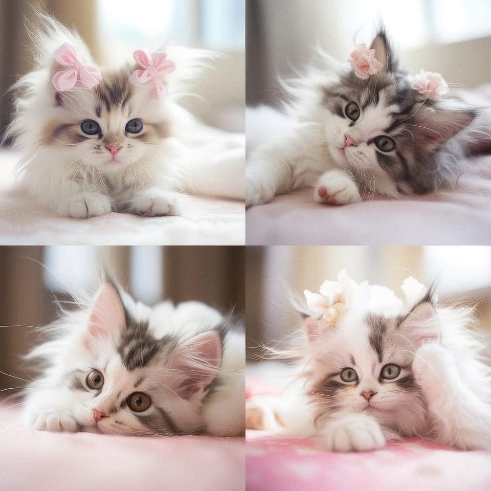Midjourney prompt showcasing four adorable kittens with bows, demonstrating various poses and expressions, emphasizing style and detail in image generation.