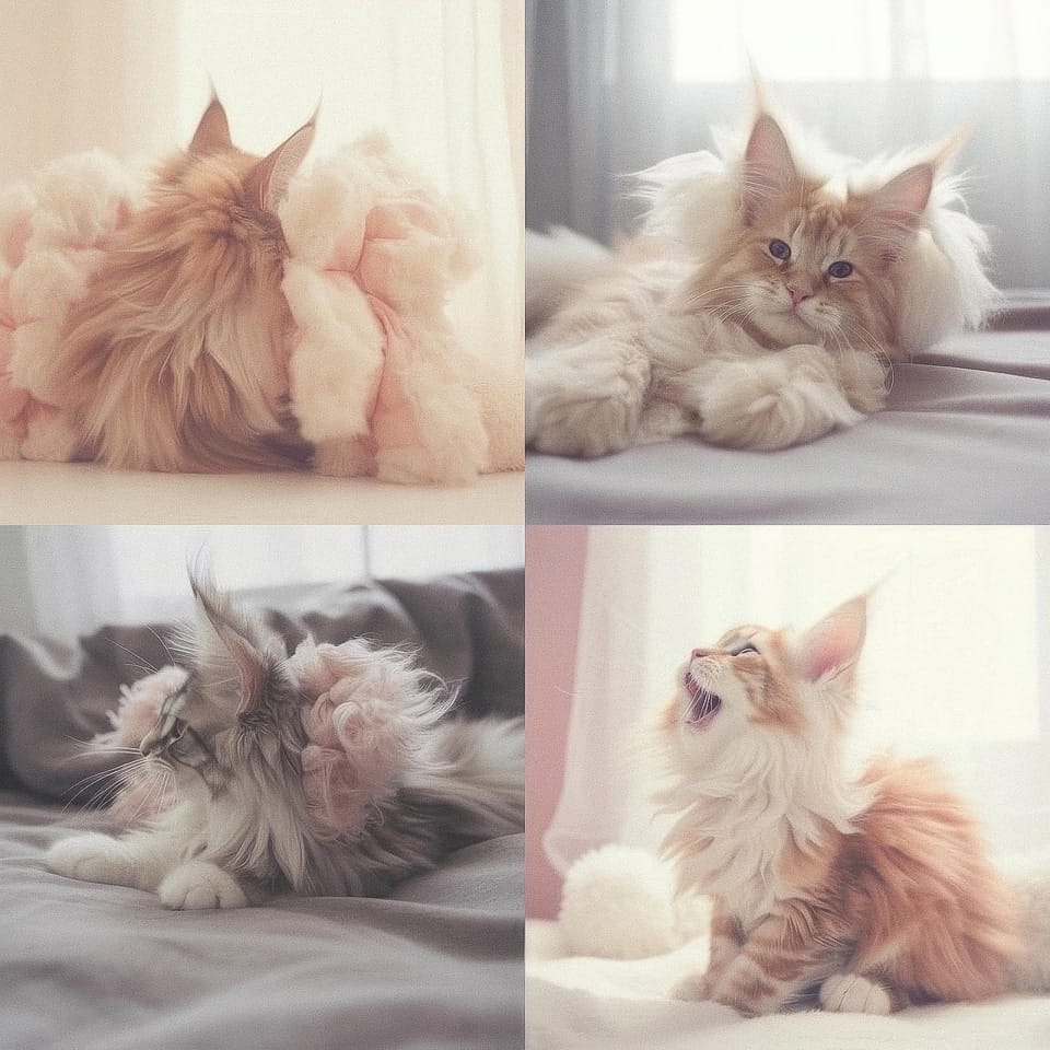 Midjourney prompt showcasing four Maine Coon cats in various poses, highlighting unique fur textures and playful expressions.