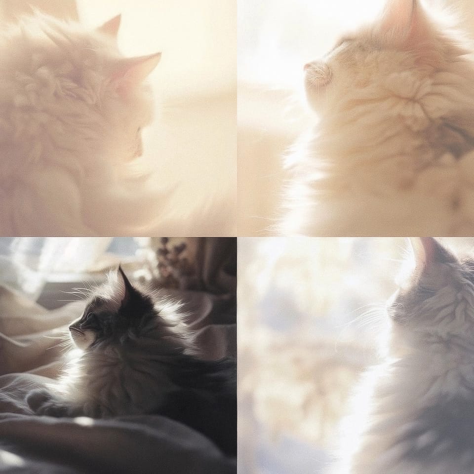 Midjourney prompt showcasing cat images with soft lighting, demonstrating style variations and prompt optimization techniques.