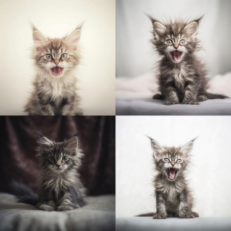 Midjourney prompt showcasing multiple images of expressive kittens, demonstrating prompt engineering and style variations.