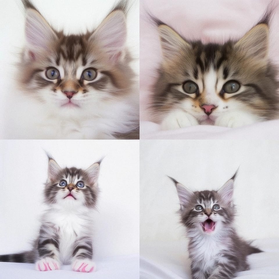 Midjourney prompt showcasing four Maine Coon kitten images with varying expressions and poses, demonstrating text-to-image generation capabilities.