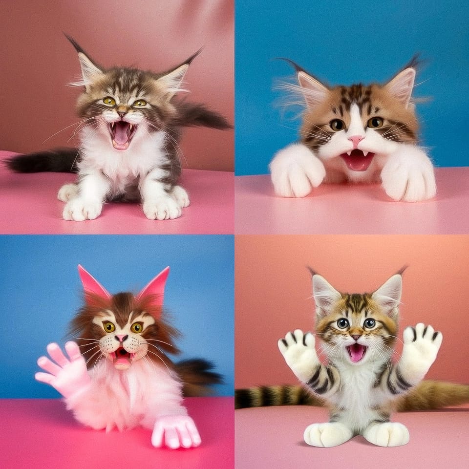 Midjourney prompt showcasing playful cat illustrations with various expressions and poses, emphasizing creative styles and prompt engineering.