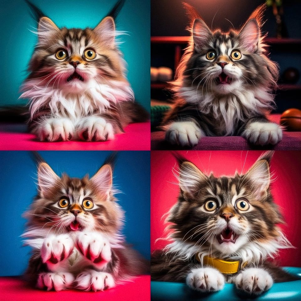 Midjourney prompt showcasing playful Maine Coon kitten in vibrant colors, demonstrating various expressions and poses, ideal for prompt engineering.