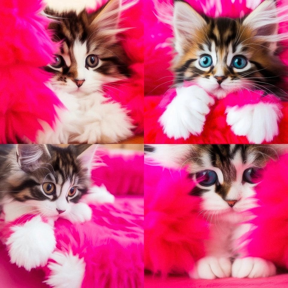 Midjourney prompt showcasing playful kittens with vibrant pink fur, demonstrating image generation techniques and style variations.
