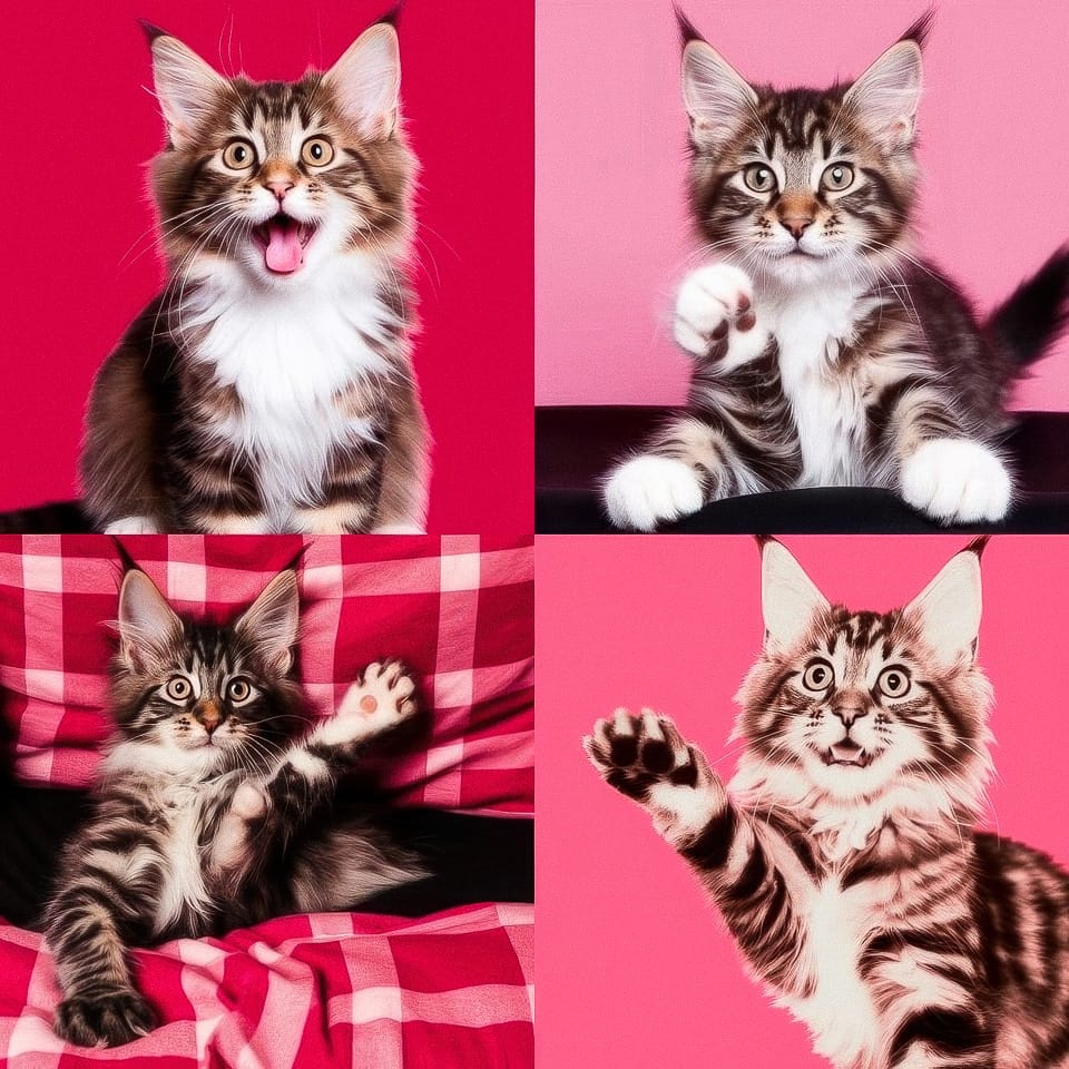 Maine Coon kittens in playful poses against pink backgrounds, showcasing expressions and movements, demonstrating Midjourney prompt capabilities.