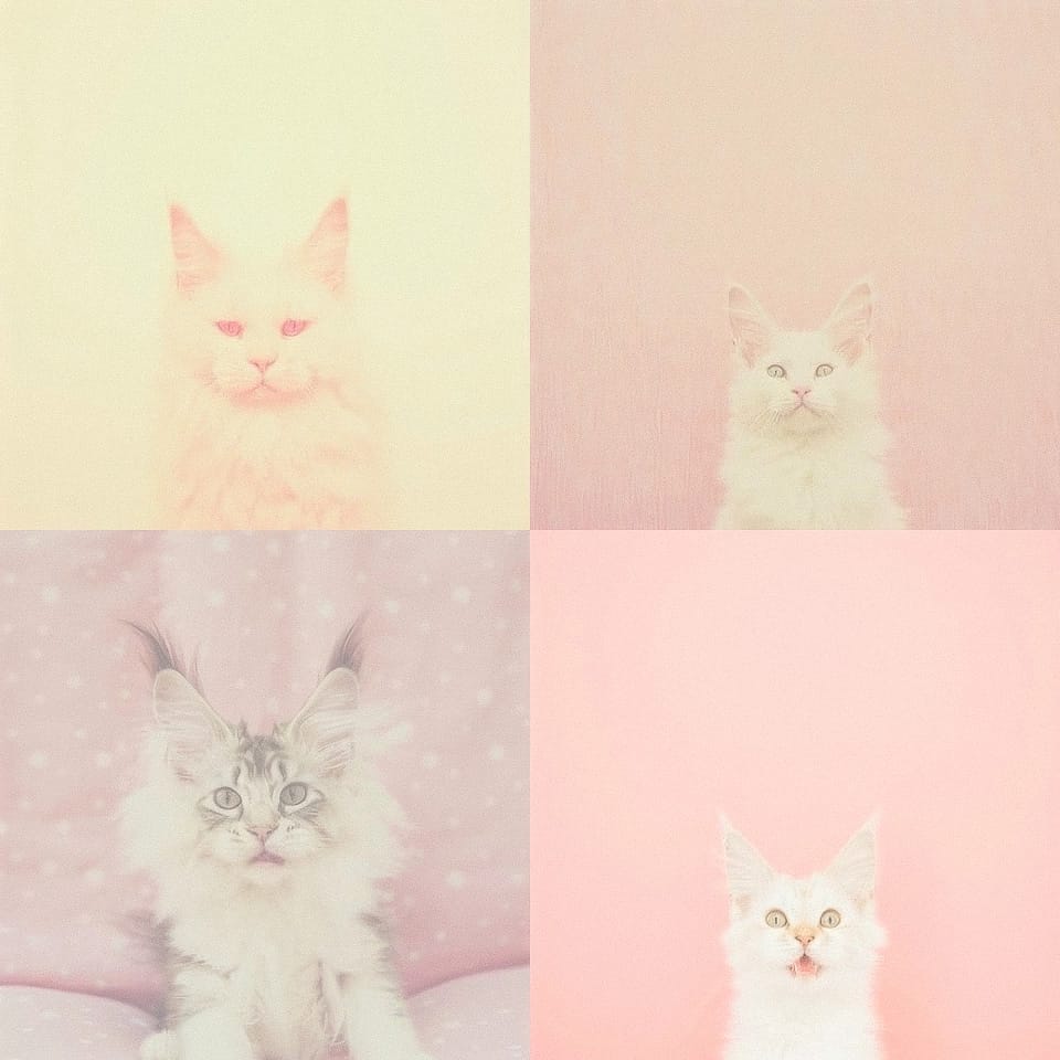 Midjourney prompt showcasing four pastel-colored cat portraits, demonstrating unique styles and variations in image generation.