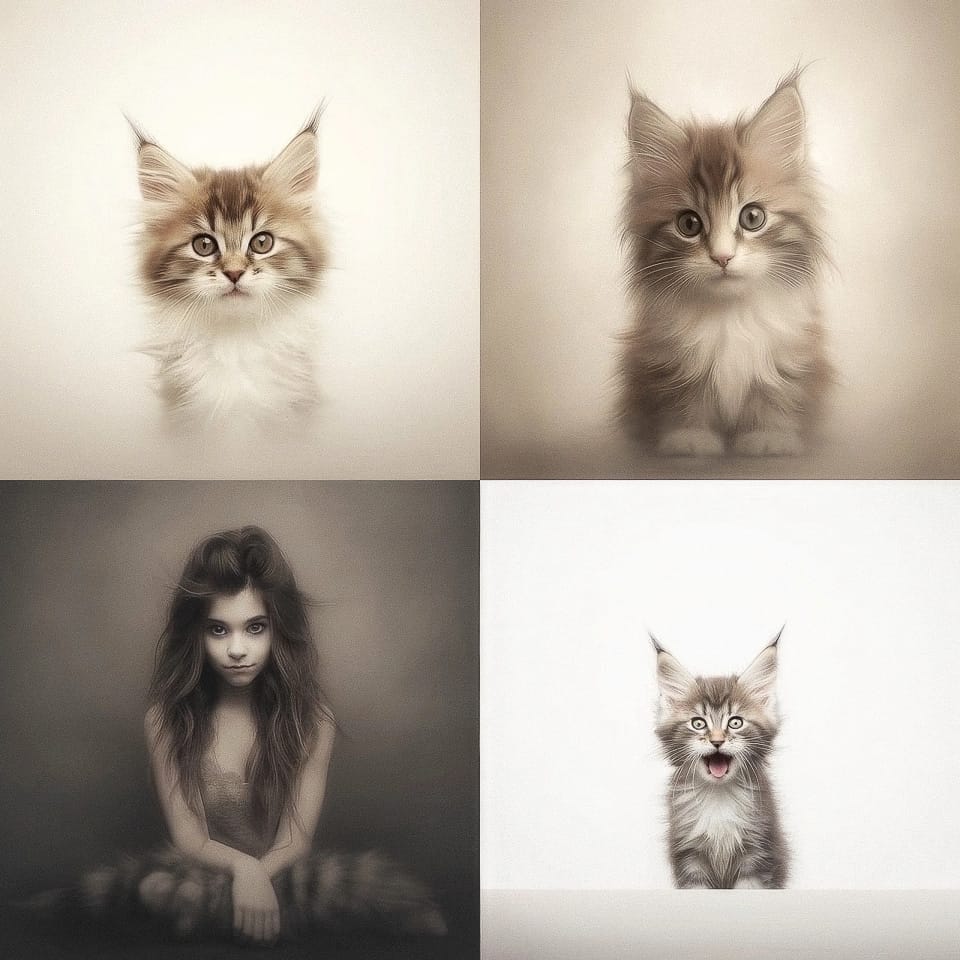 Midjourney prompt showcasing unique styles with cats and a girl, demonstrating creative capabilities of AI image generation.