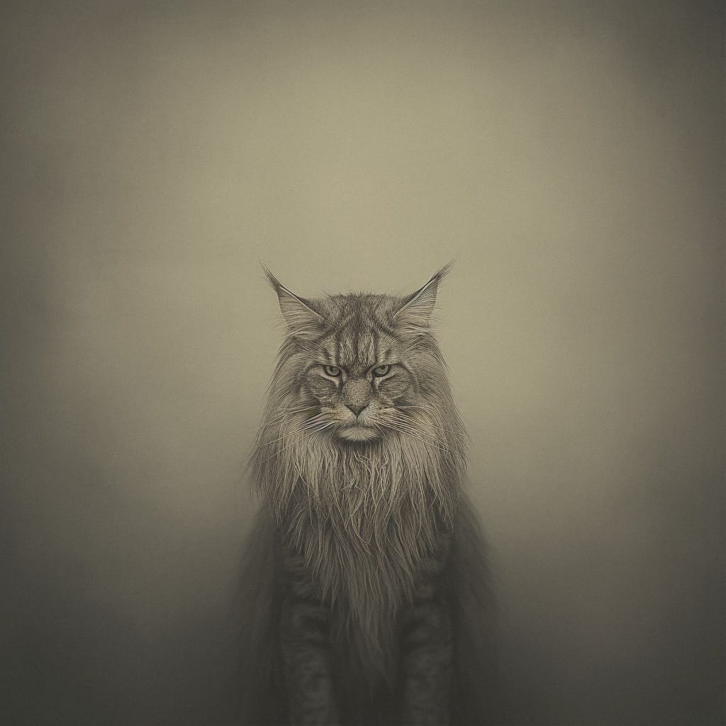 Mainecoon cat generated using Midjourney prompt with /tune command, showcasing unique style and features from Version 5.2.