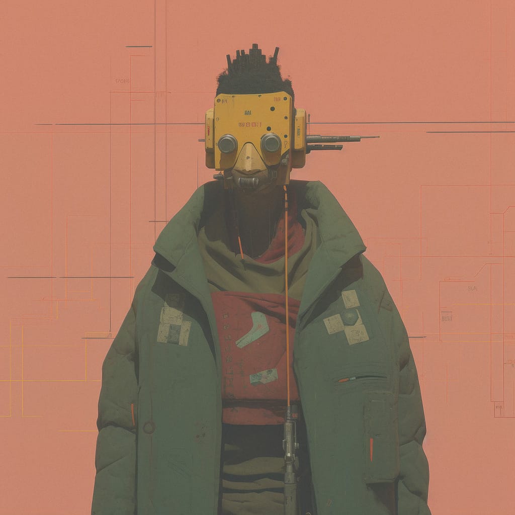 Cyberpunk character generated with Midjourney Style Tuner using prompt --style gDrl2Gro02qs1.