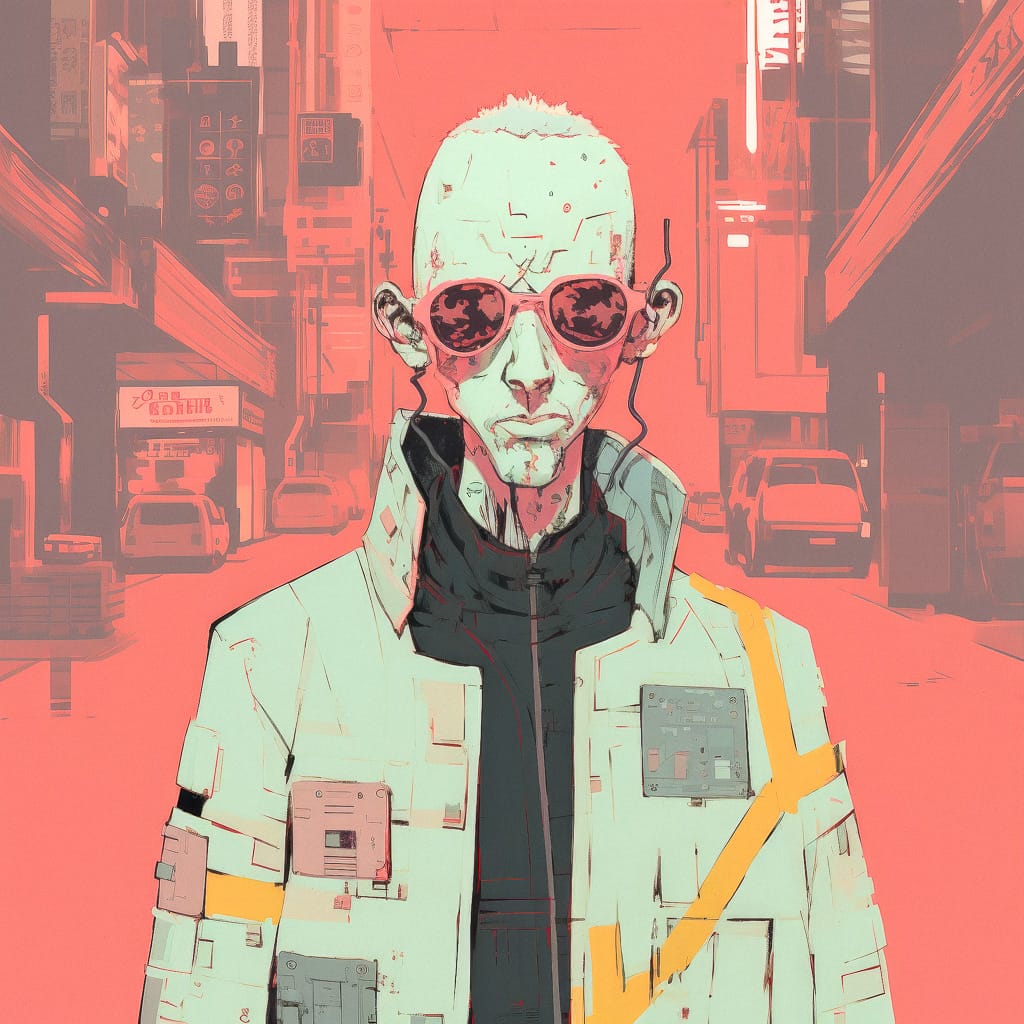 Cyberpunk character illustration using Midjourney prompt with /tune command for unique style creation.