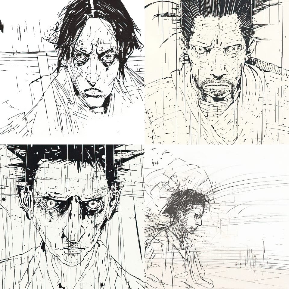 Midjourney prompt showcasing unique art styles with expressive characters, emphasizing line work and emotional depth in Version 5.2.