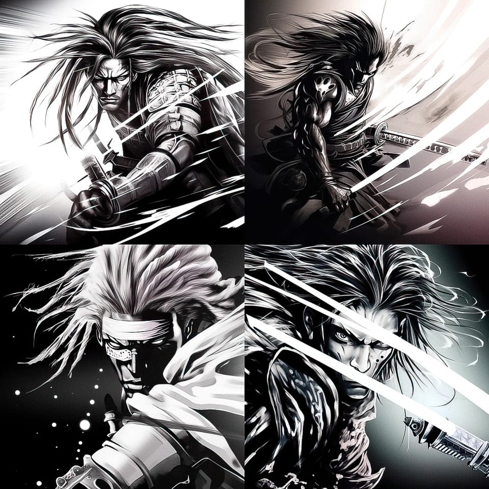 Midjourney prompt showcasing dynamic black and white illustrations of warriors with swords, emphasizing action and style variations.