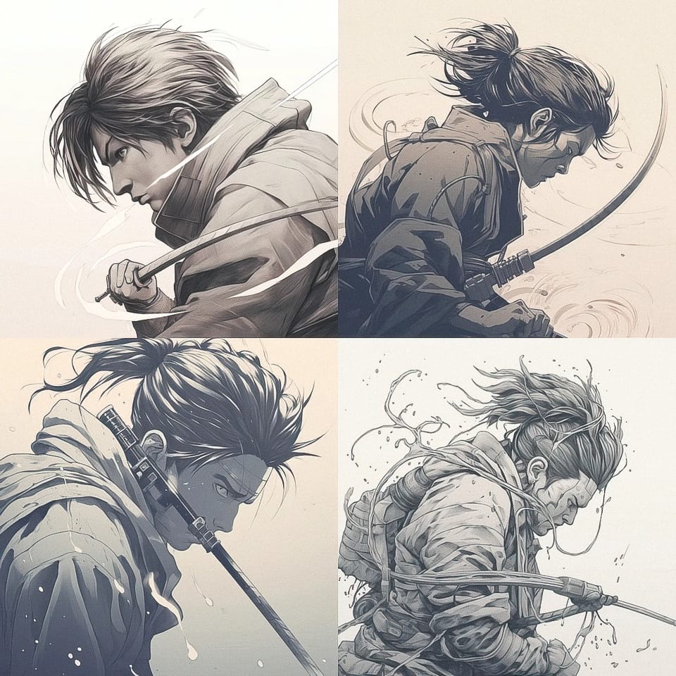 Midjourney prompt showcasing four stylized characters with swords, demonstrating unique art styles and techniques in image generation.