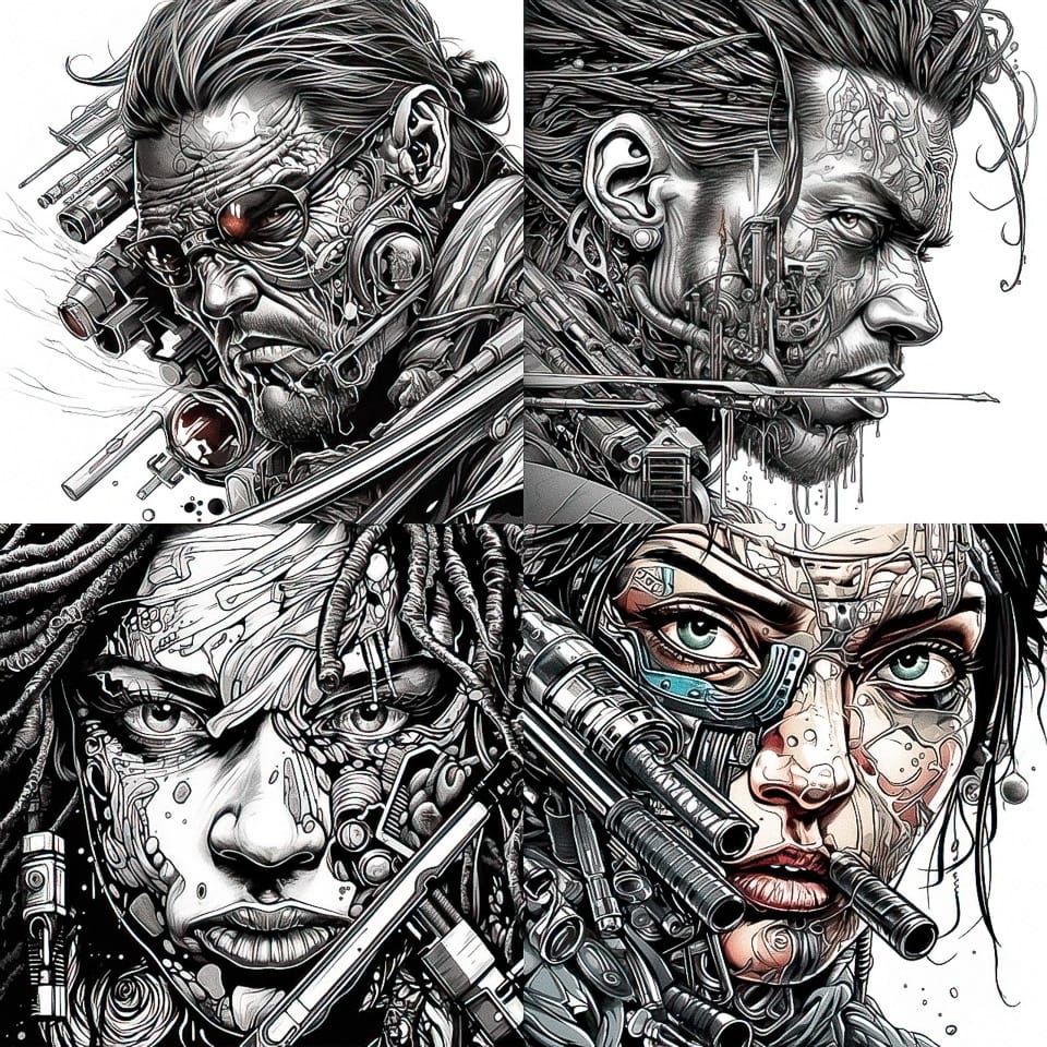 Midjourney prompt showcasing cyborg characters with intricate details, highlighting Style Tuner capabilities in Version 5.2.