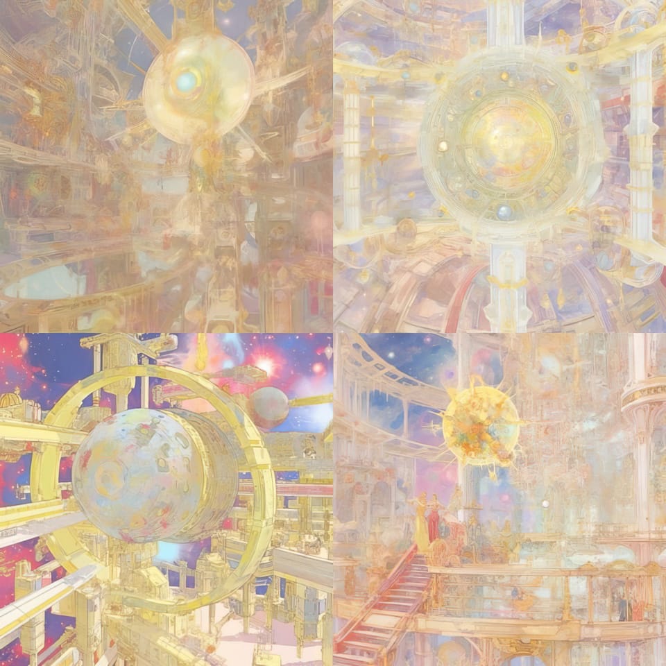 Midjourney prompt showcasing intricate architectural designs with celestial elements, highlighting unique styles from Version 5.2 and /tune command.