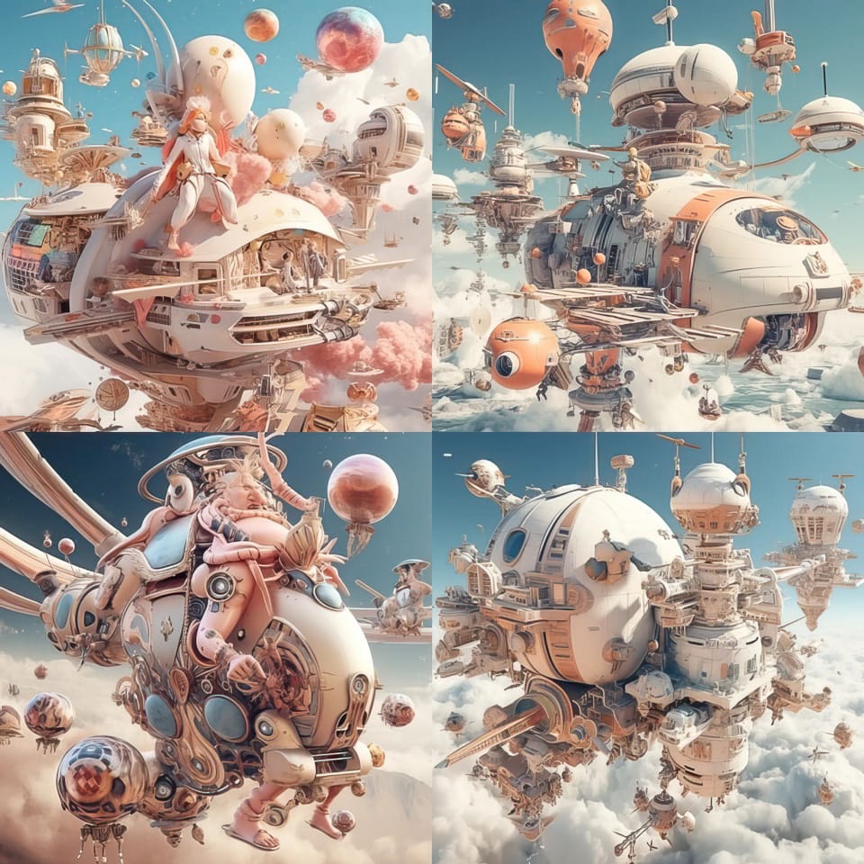 Midjourney prompt showcasing futuristic airships and floating cities in clouds, emphasizing unique styles and design elements.