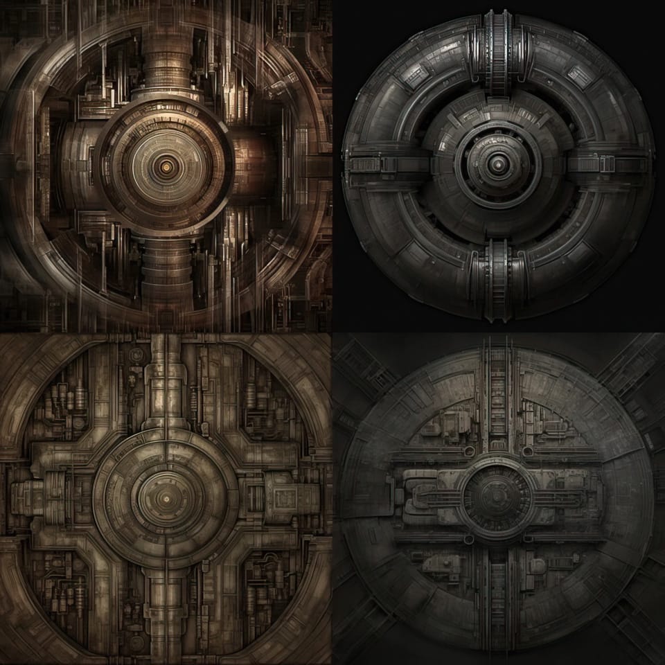 Midjourney prompt showcasing four unique industrial-style designs, emphasizing variations in texture and structure for prompt engineering.