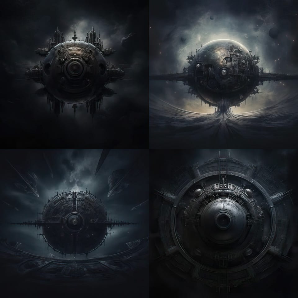Midjourney prompt showcasing unique styles generated using /tune command, featuring abstract planetary designs and dark themes.