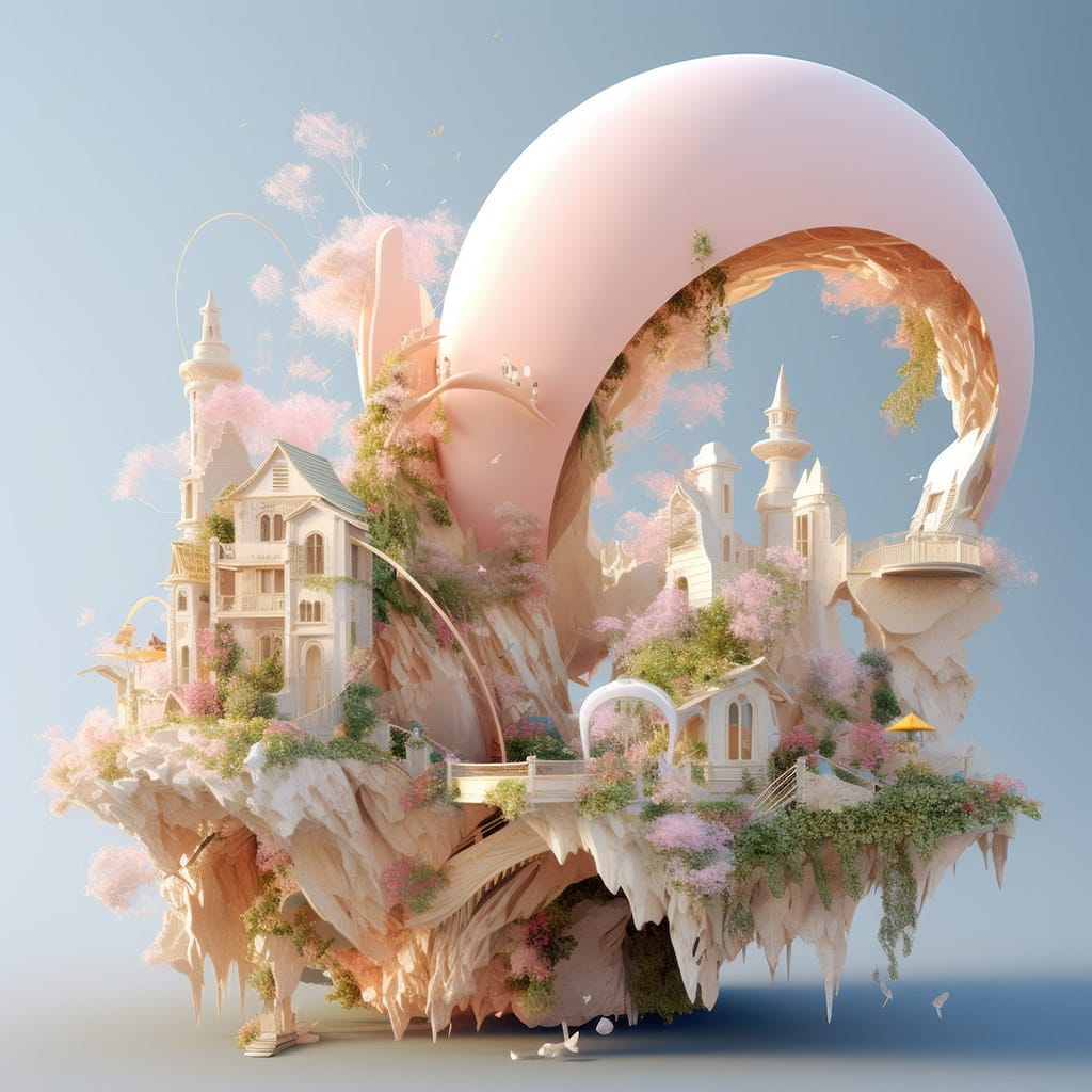 Midjourney prompt showcasing unique architectural landscape with surreal elements, optimized for style creation using /tune command in Version 5.2.