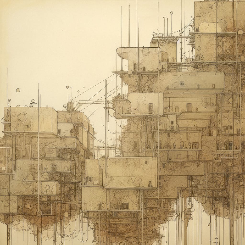 Midjourney prompt bioarchitecture --style nkWYdKVhoW showcasing intricate structures with detailed lines and geometric forms.