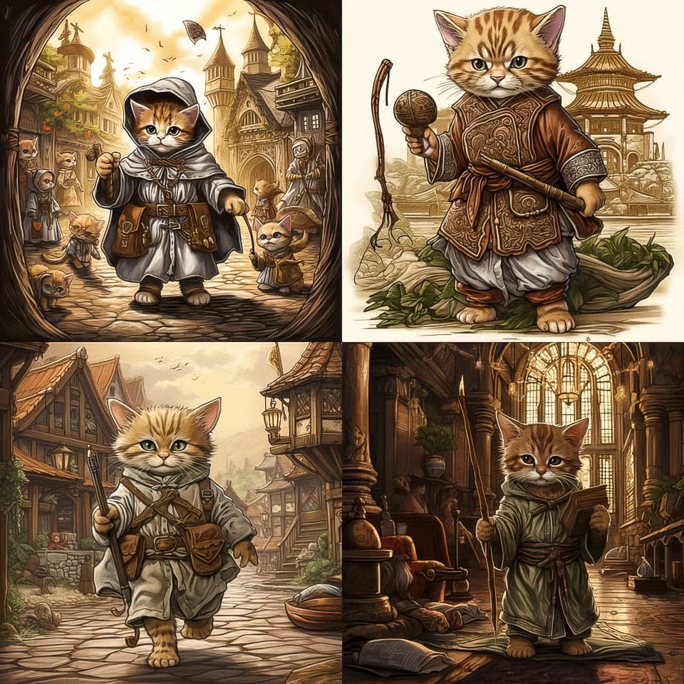 Midjourney prompt showcasing anthropomorphic cats in fantasy settings, demonstrating various styles and character designs.