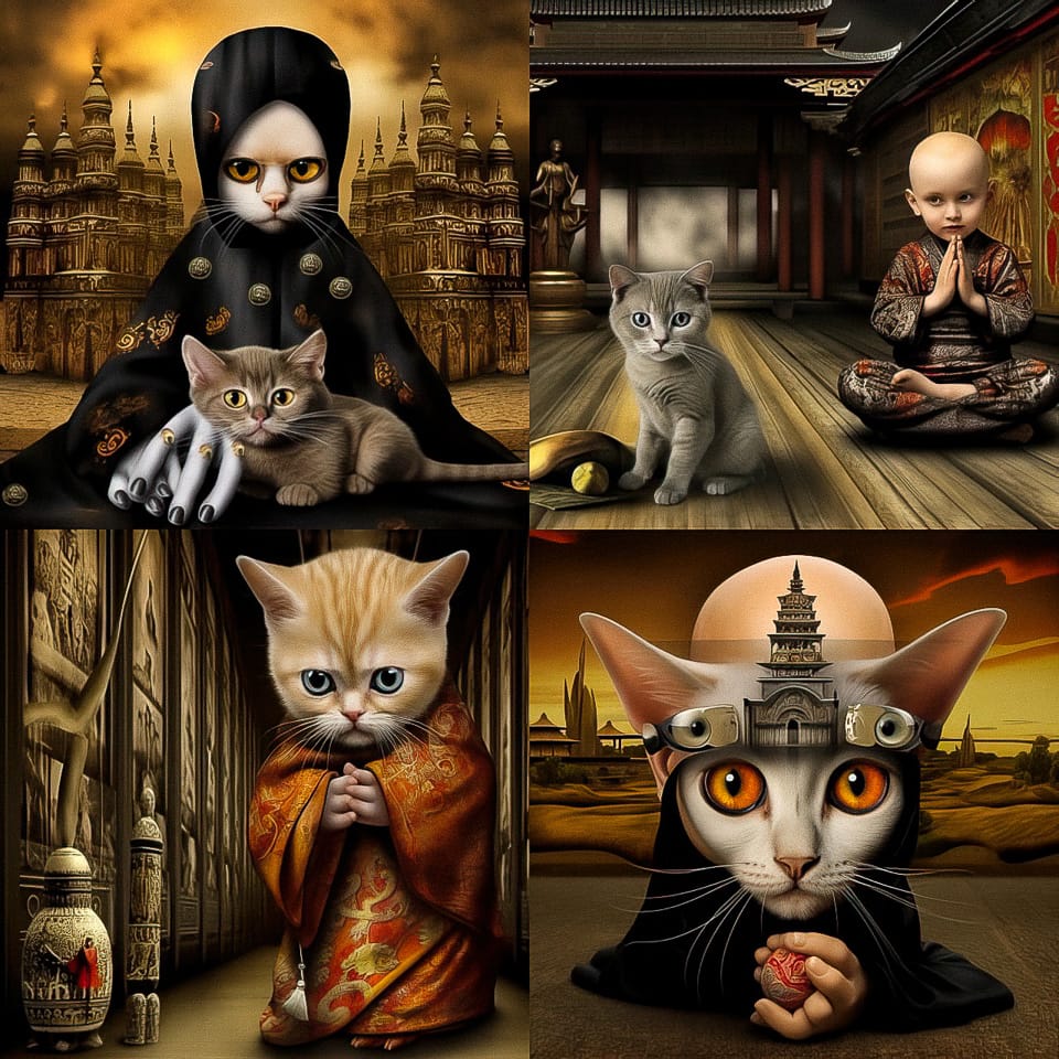 Midjourney prompt showcasing unique cat characters in diverse artistic styles, demonstrating creative possibilities with /tune command.