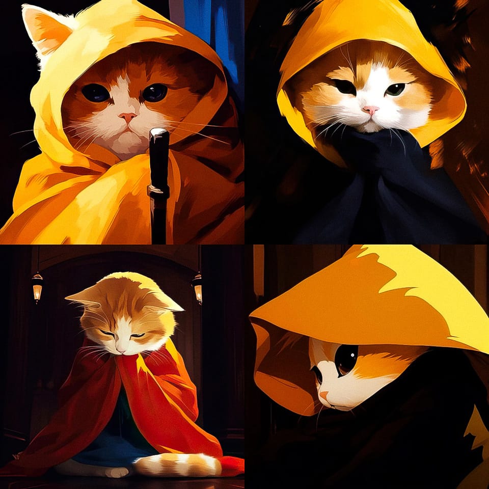 Midjourney prompt showcasing stylized cats in hoods, demonstrating unique art styles and prompt engineering techniques.