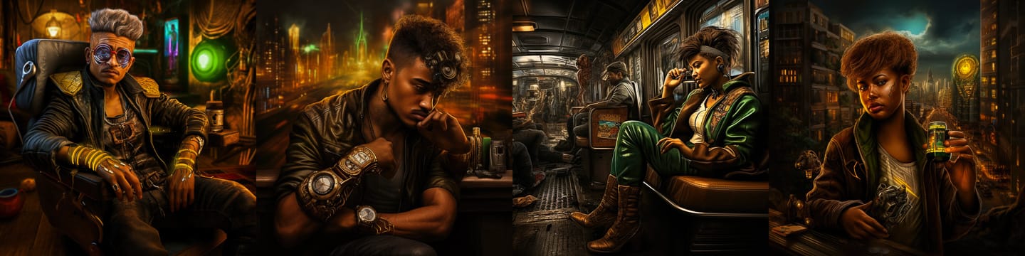 Cyberpunk characters illustrated using Midjourney prompt techniques, showcasing unique styles and environments.