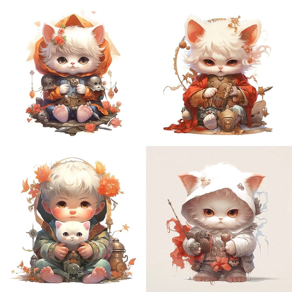 Midjourney prompt showcasing cute anthropomorphic cat characters in various outfits, demonstrating unique styles and artistic techniques.