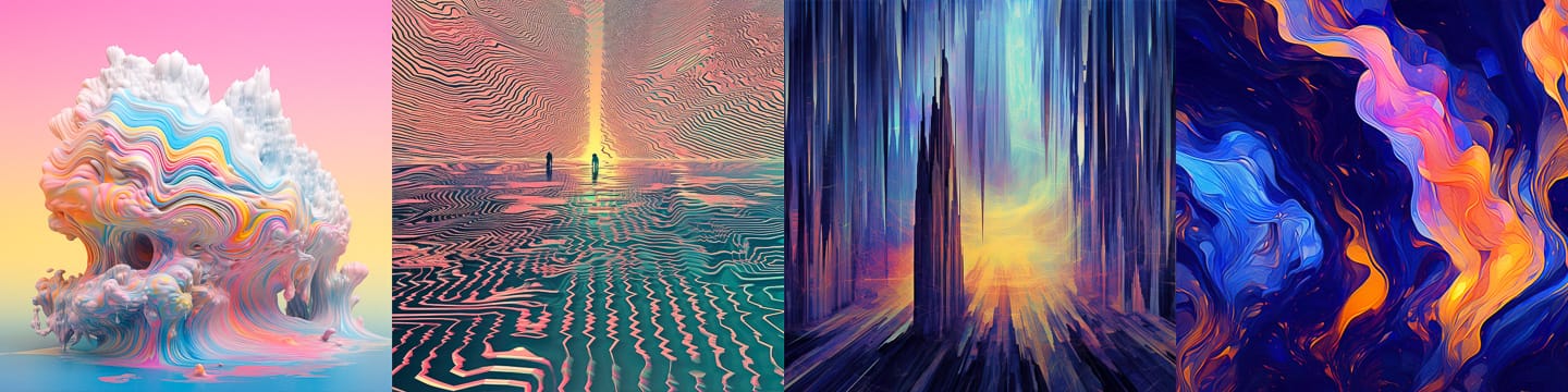 Midjourney prompt showcasing Deepdream-inspired digital glitch art with fluid shapes, ethereal lighting effects, --chaos 25, --v 5.2.