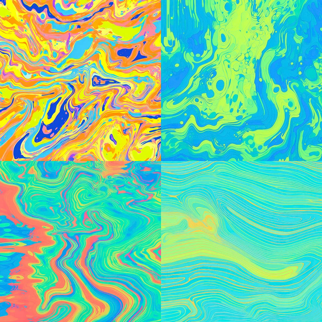 Midjourney prompt showcasing vibrant abstract styles generated using /tune command in Version 5.2 with various color patterns.