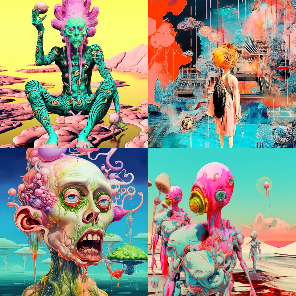 Midjourney prompt showcasing surreal characters and landscapes, utilizing Style Tuner features from Version 5.2, emphasizing unique artistic styles.
