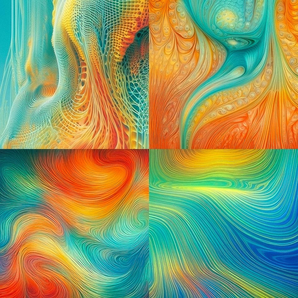 Midjourney prompt examples showcasing unique styles generated using /tune command, featuring vibrant colors and intricate patterns.