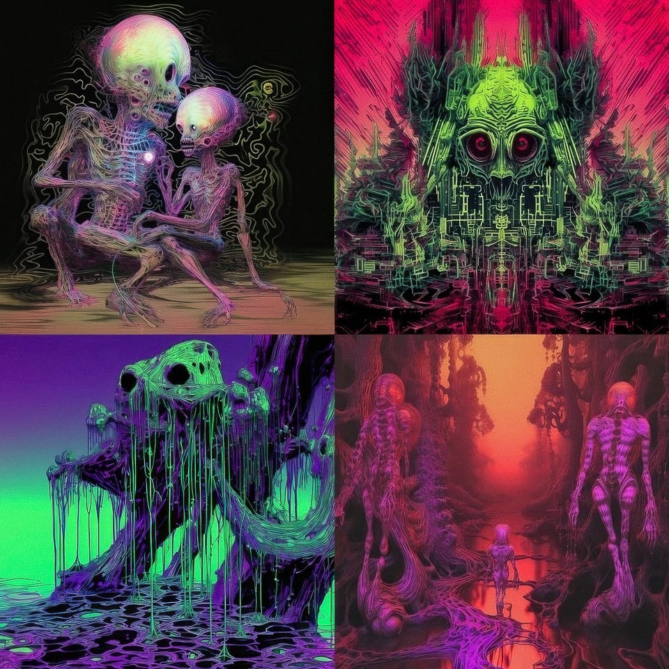 Midjourney prompt showcasing unique styles with surreal alien figures and vibrant colors, demonstrating /tune command capabilities in Version 5.2.