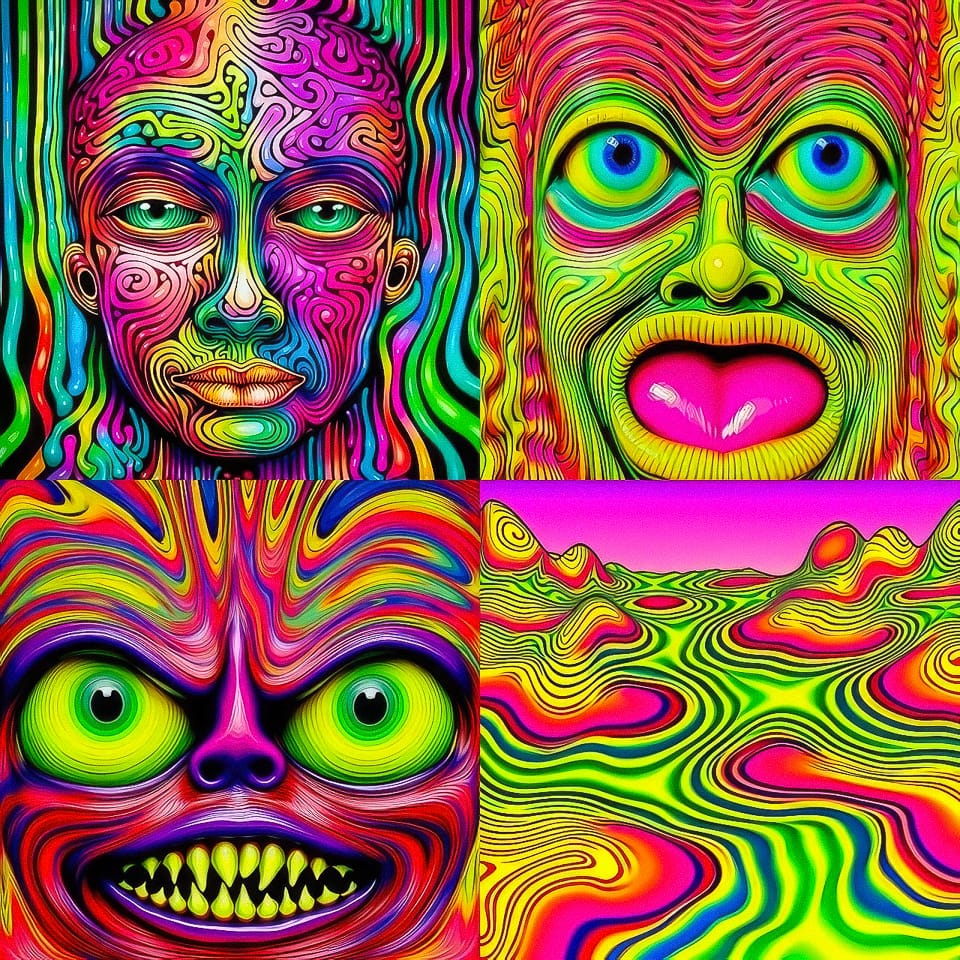 Midjourney prompt showcasing vibrant, abstract portraits and landscapes with unique color patterns and styles, emphasizing /tune command features.