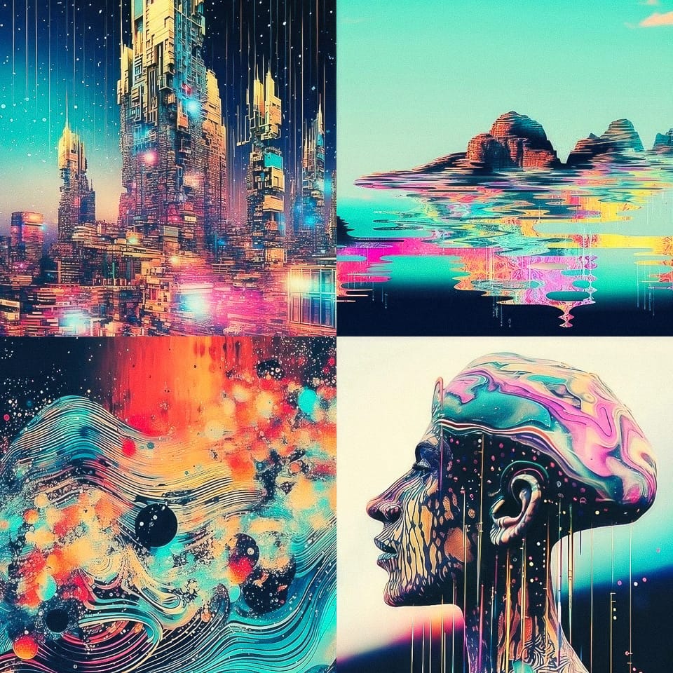 Midjourney prompt showcasing diverse art styles, including futuristic landscapes and abstract portraits, demonstrating /tune command capabilities in Version 5.2.