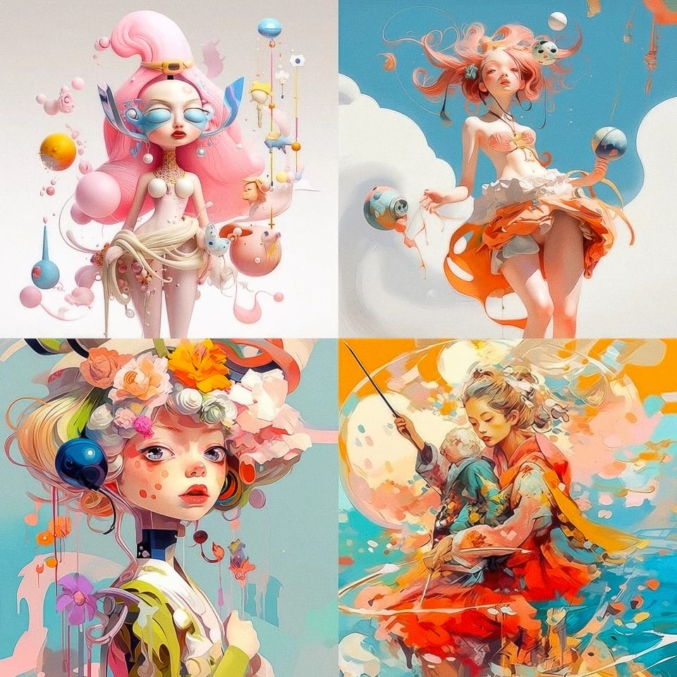 Midjourney prompt showcasing diverse artistic styles and characters, demonstrating unique visual outputs from text and image prompts.