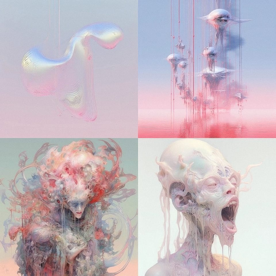 Midjourney prompt showcasing surreal art styles, featuring abstract forms and ethereal figures, generated using advanced techniques in Version 5.2.
