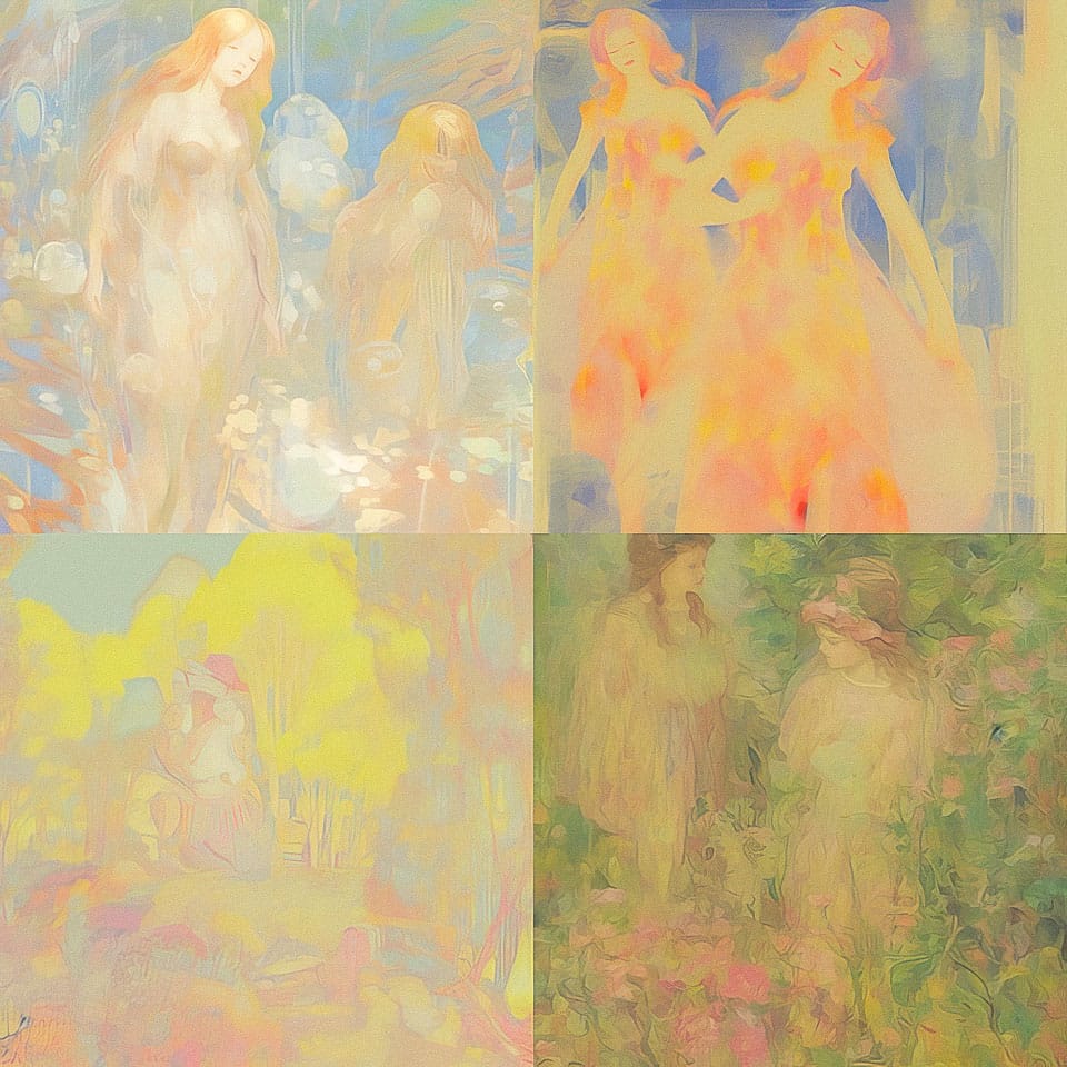 Midjourney prompt showcasing unique art styles with soft colors and ethereal figures, illustrating creative potential of Style Tuner in Version 5.2.