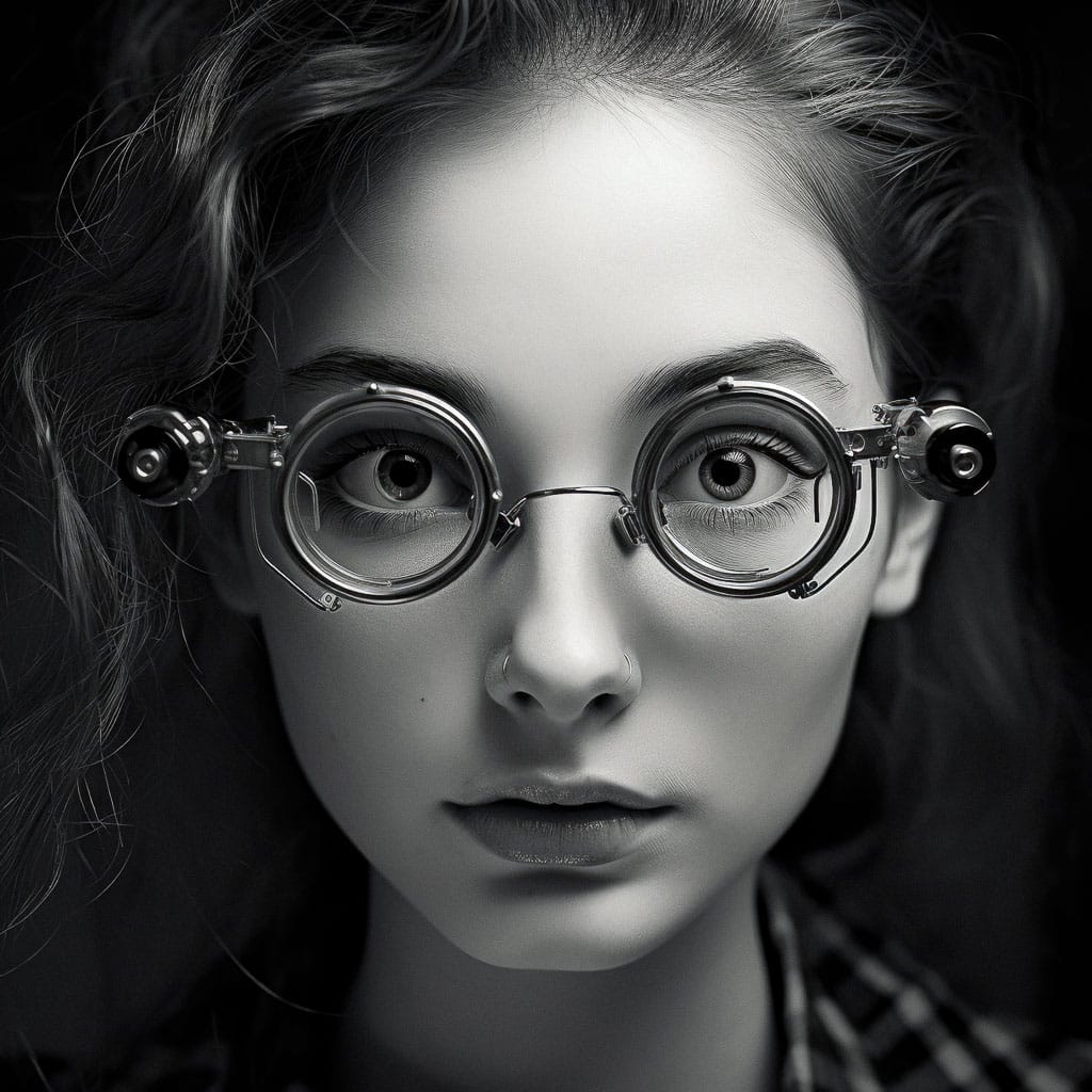 Black-and-white portrait of teenage girl with unique glasses, showcasing Midjourney prompt capabilities in Version 5.2.