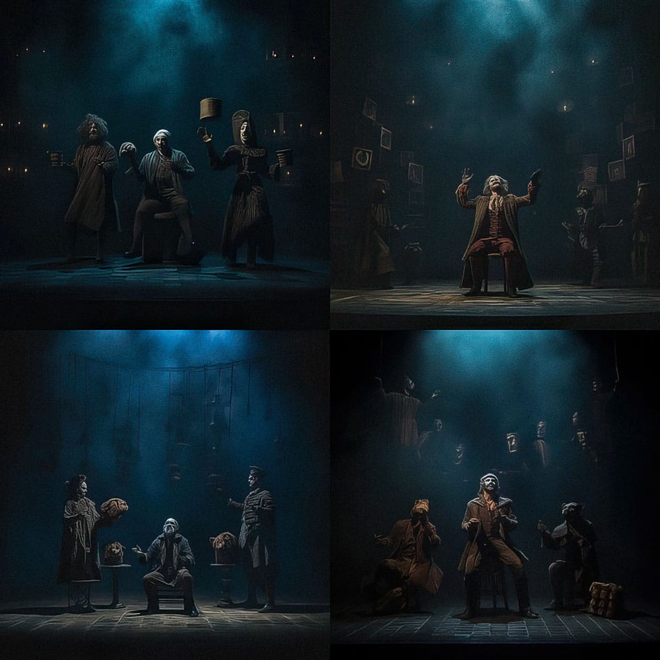 Theatrical performance featuring actors in dramatic poses with props, illuminated by stage lighting, showcasing storytelling elements.