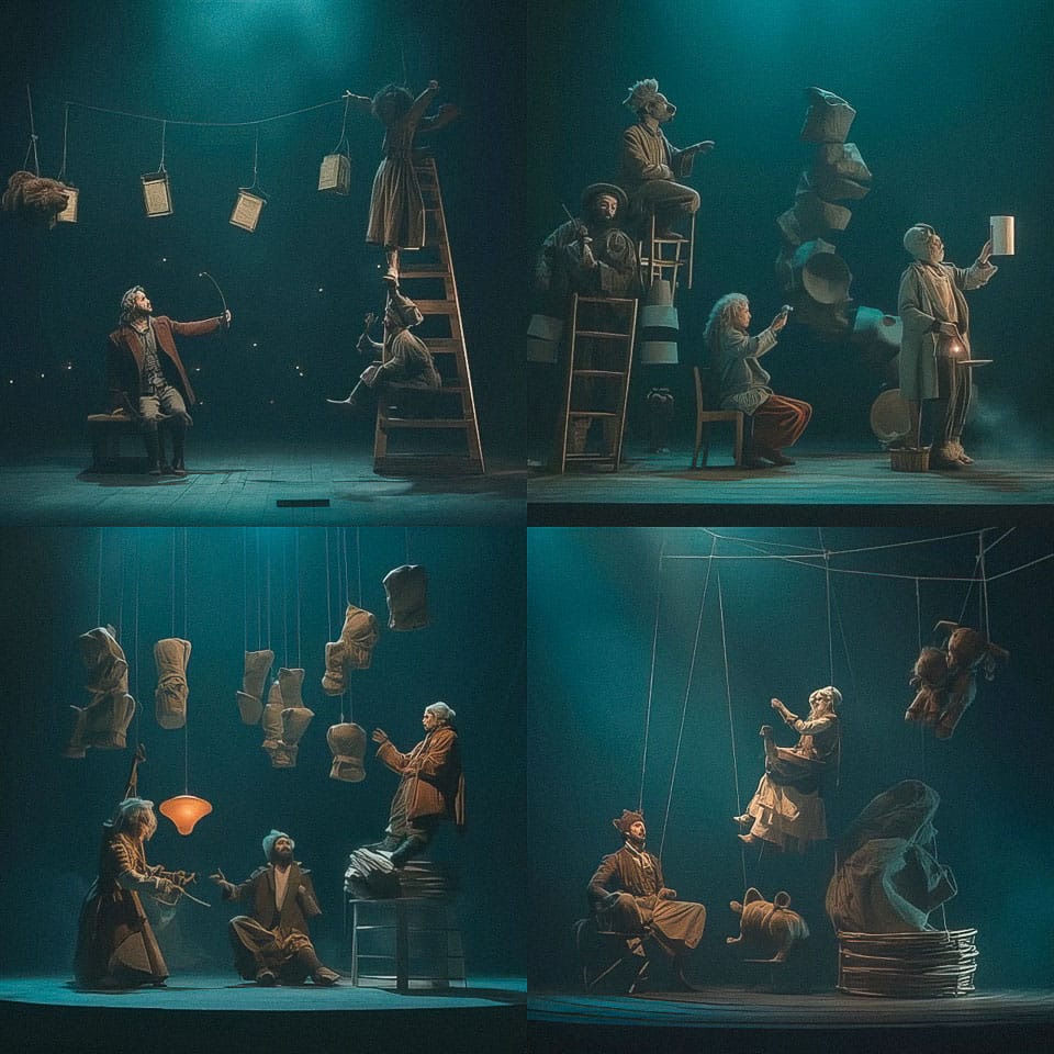 Theatrical performance featuring characters interacting with suspended objects, showcasing creativity and storytelling techniques in Midjourney prompt generation.