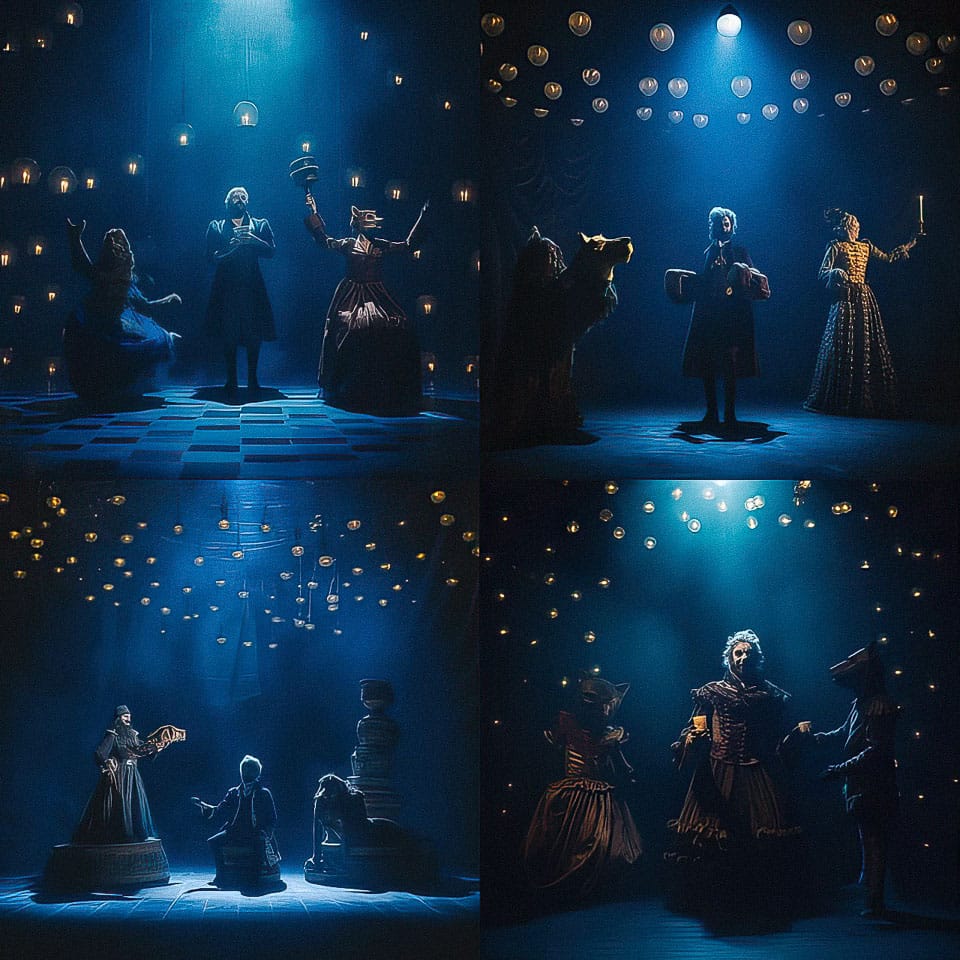 Midjourney prompt showcasing theatrical performance with dramatic lighting, historical costumes, and unique staging elements.