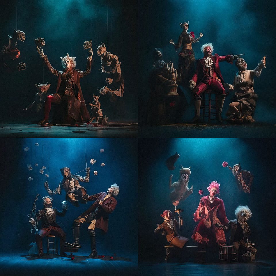 Midjourney prompt showcasing theatrical performance with puppets, dramatic lighting, and unique character designs in four scenes.