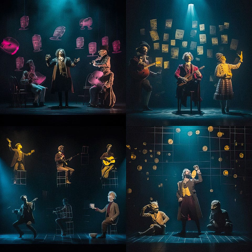 Theatrical performance showcasing characters interacting with musical instruments and floating objects, illustrating creative storytelling techniques using Midjourney prompt.