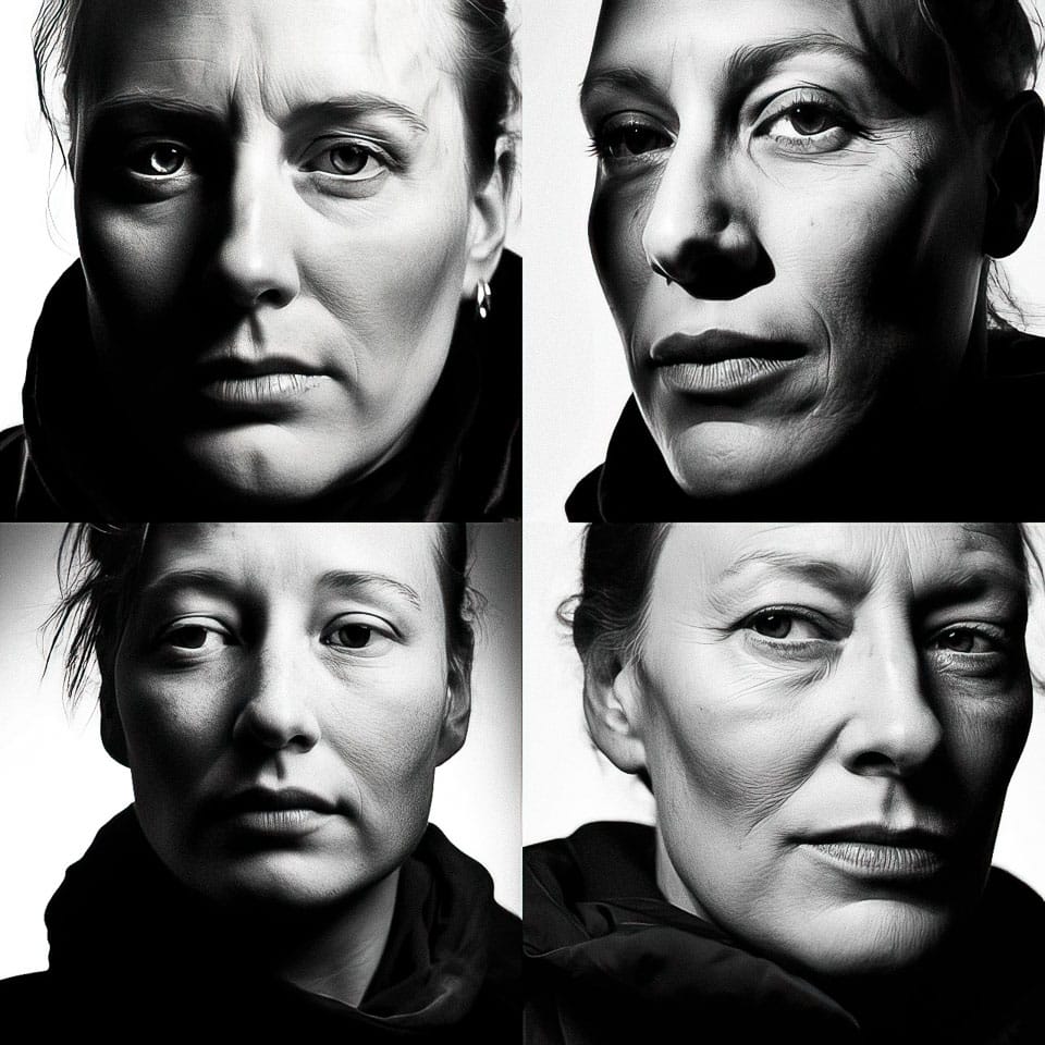 Midjourney prompt showcasing diverse facial expressions in black and white, illustrating style variations and prompt engineering techniques.