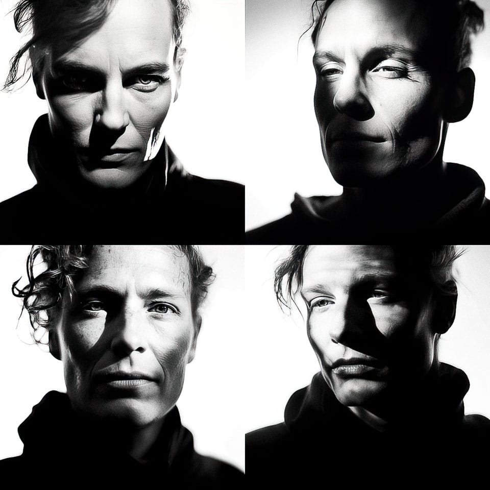 Midjourney prompt showcasing diverse facial expressions and lighting techniques in AI-generated portraits.