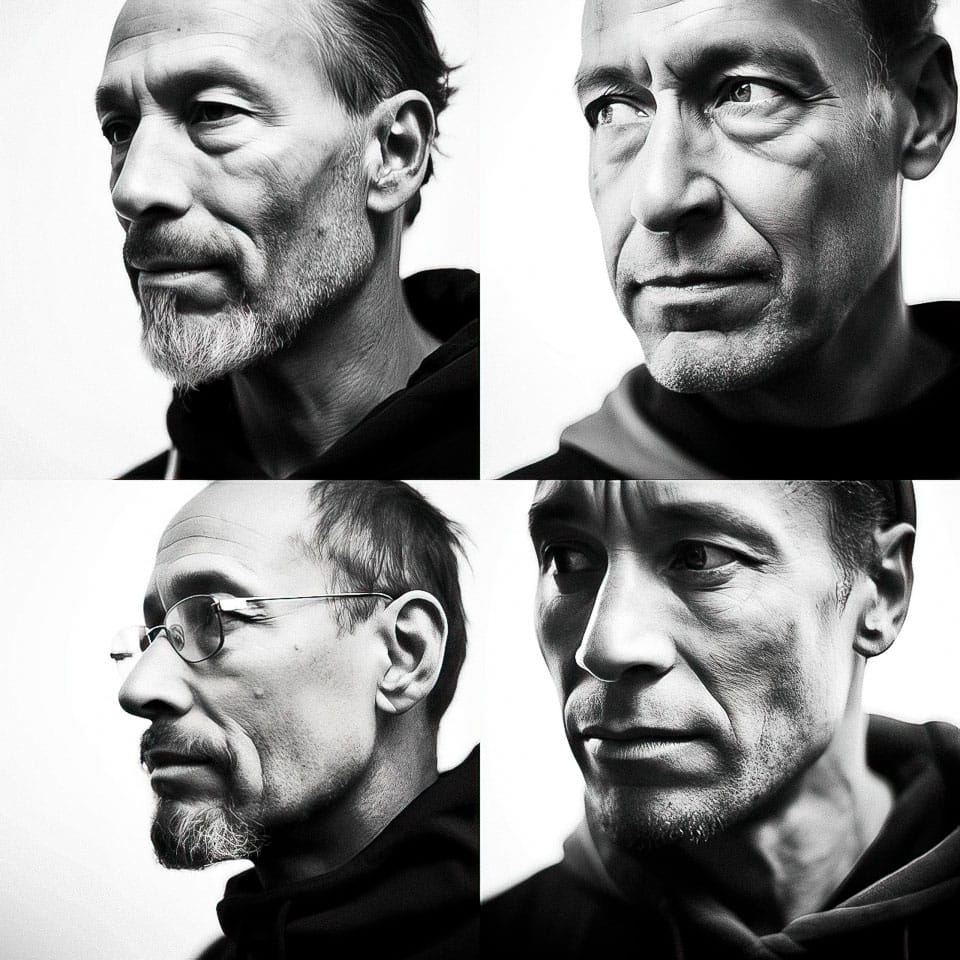 Midjourney prompt showcasing diverse facial features in black and white, highlighting text-to-image generation capabilities.