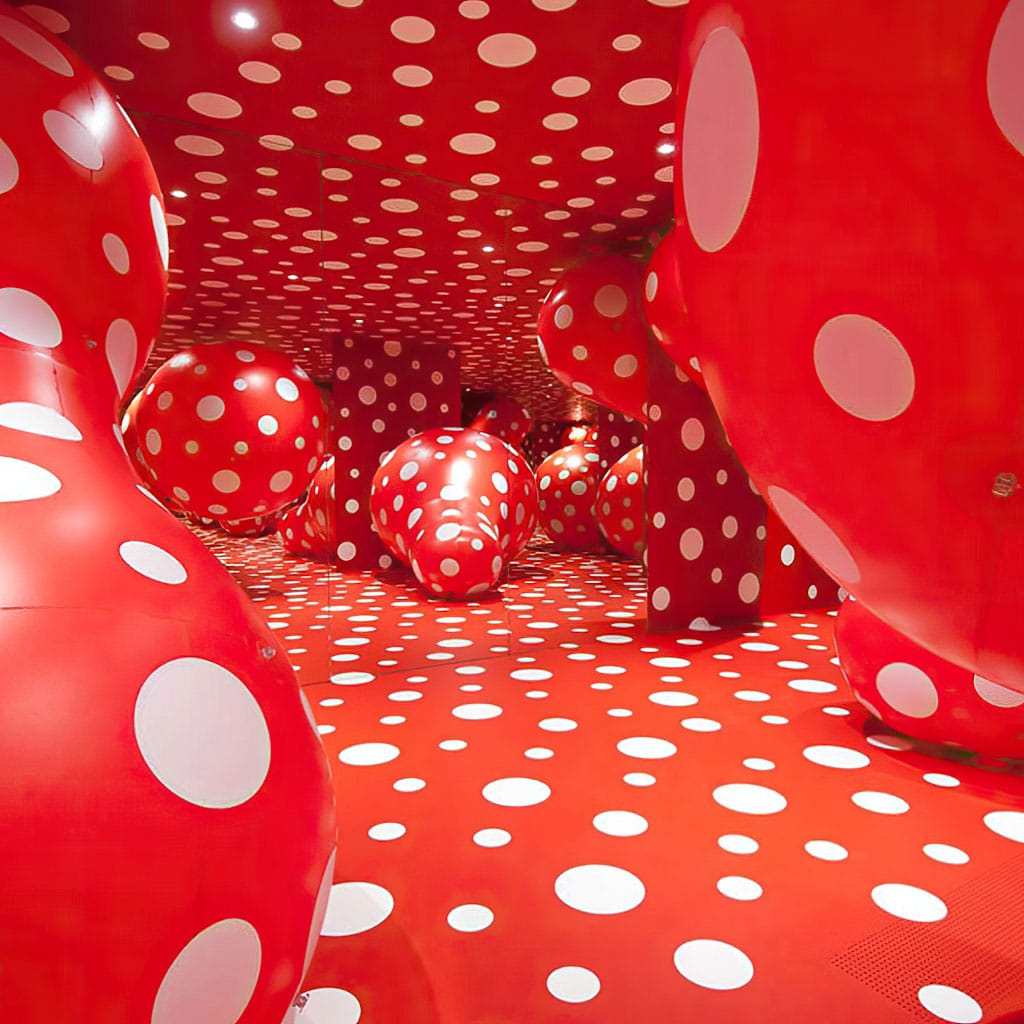 Midjourney prompt for Yayoi Kusama's Dots Obsession: red background, white polka dots, immersive installation, dynamic compositions, artistic integration.